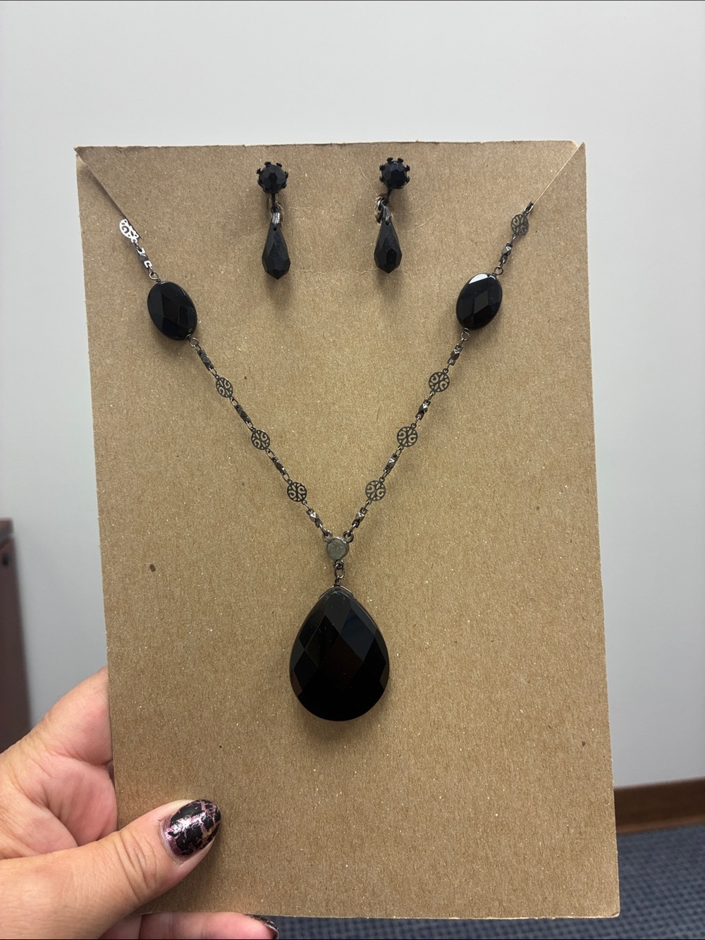 Vintage Black Faceted Teardrop Necklace with Matching Earrings